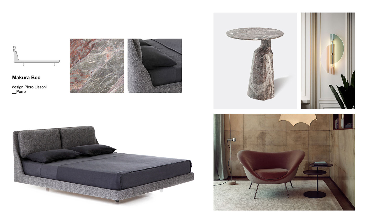 Mix&Match Porro beds Moodboard composition with Makura Bed by Piero Lissoni for Porro, D.154.2 armchairs designed by Gio Ponti for Molteni&C, Ilary coffee table designed by Poltrona Frau, Papillon lamps by Arflex and Bliss Round rug by cc-tapis